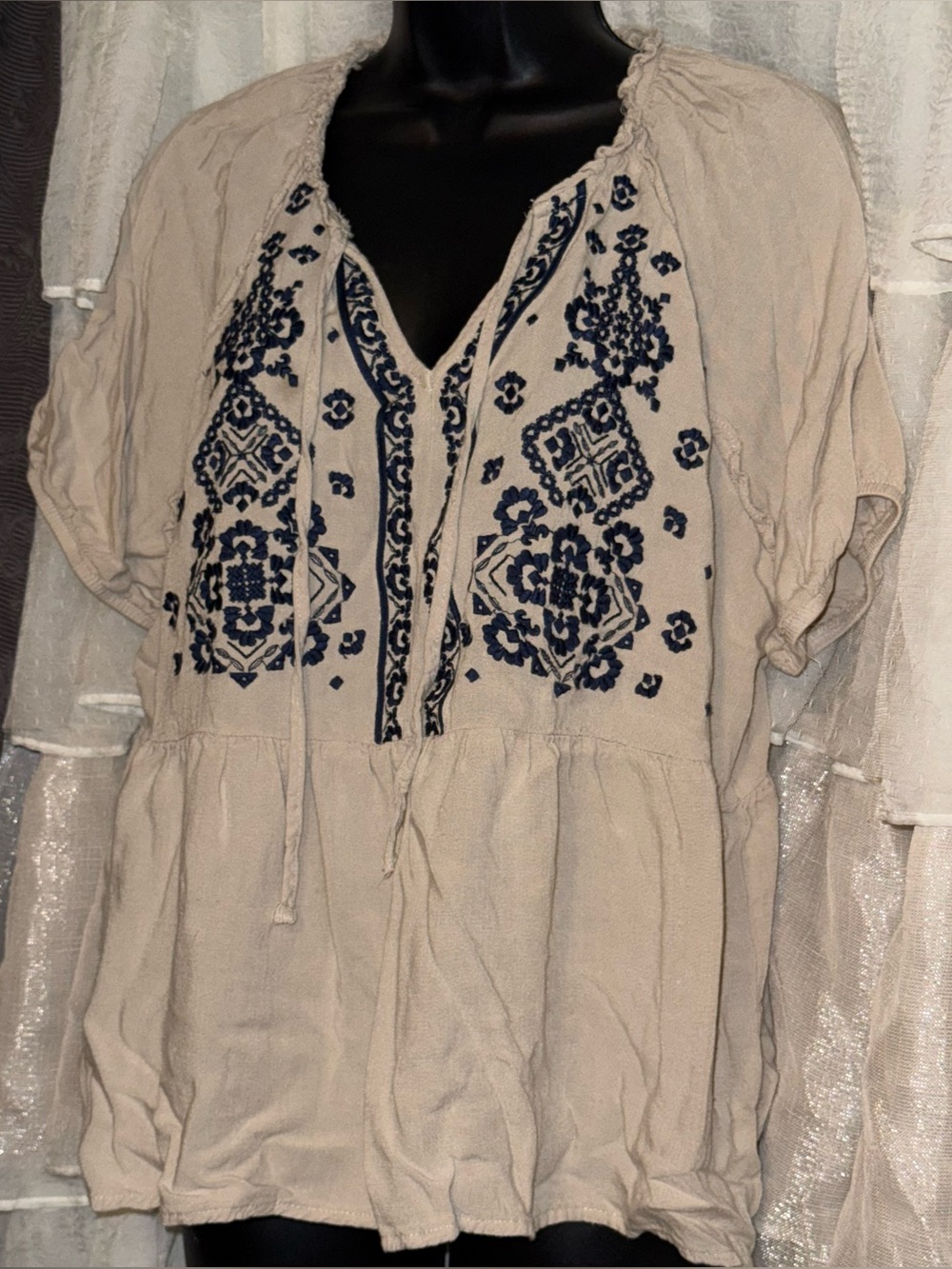 Maurices boho Beige Peasant Tunic with Navy Embroidery
